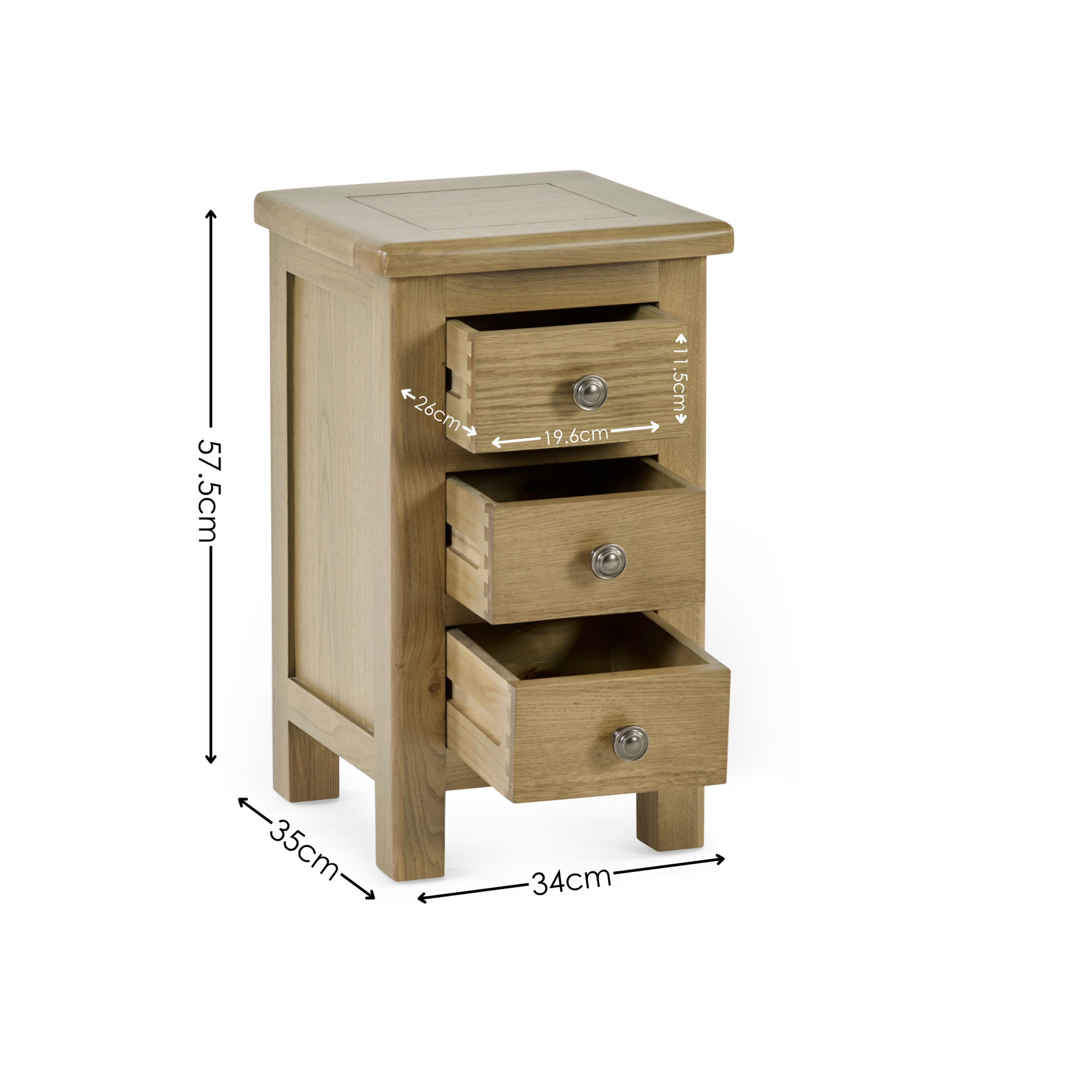 image cut out on white background of slim three drawer oak bedside table, with black arrow line dimensions to show size