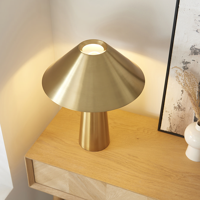 image taken from above looking down on brushed brass table lamp