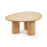 image cut out on white background of oval light oak coffee table with three pillar legs