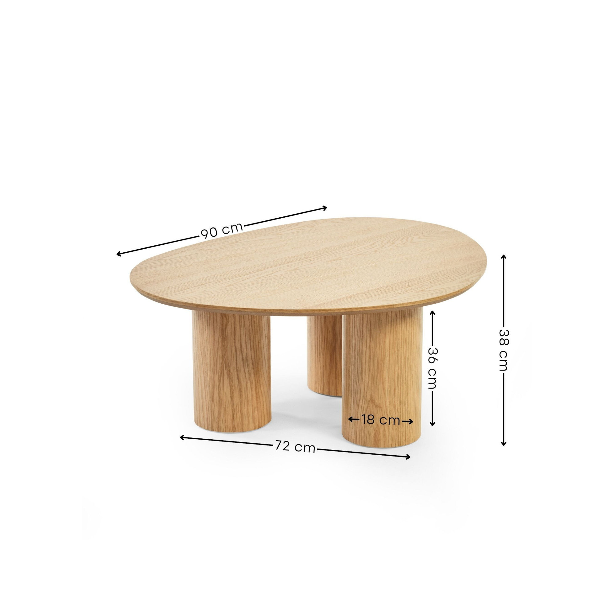 image cut out on white background of rounded oak coffee table, with black arrow line dimensions to indicate sizing
