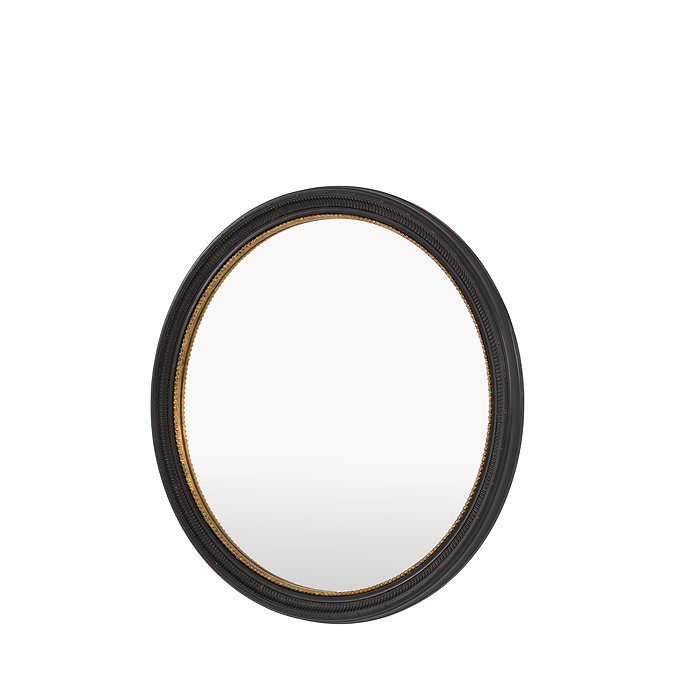 image cut out on white background of black round wall mirror with gold inner trim