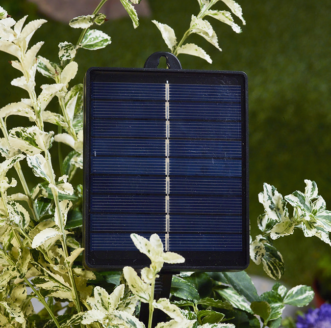 close up image of solar panel for pine cone string lights, in a bush