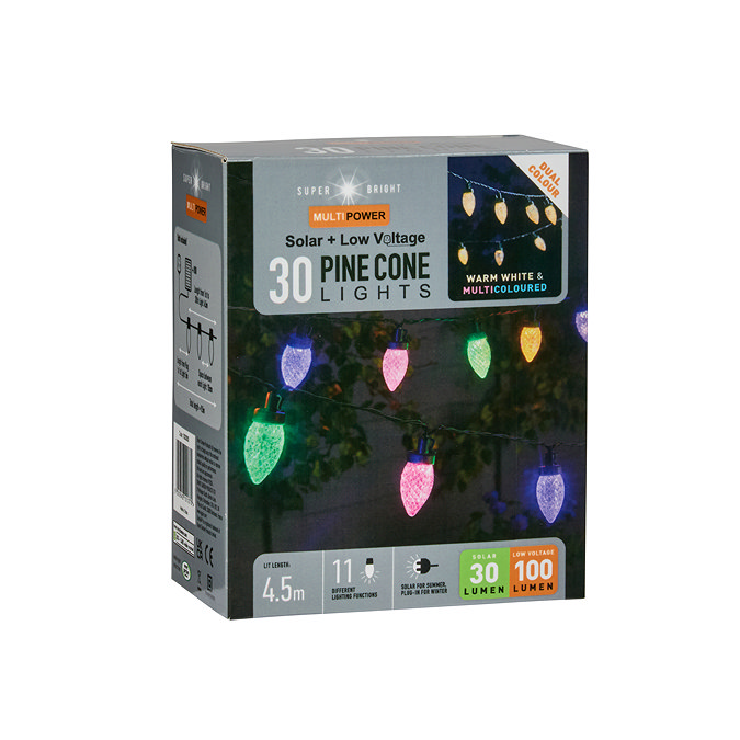 image cut out on white background of boxed pine cone string lights