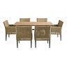 image cut out on white background of rattan dining chairs round slatted wooden dining table