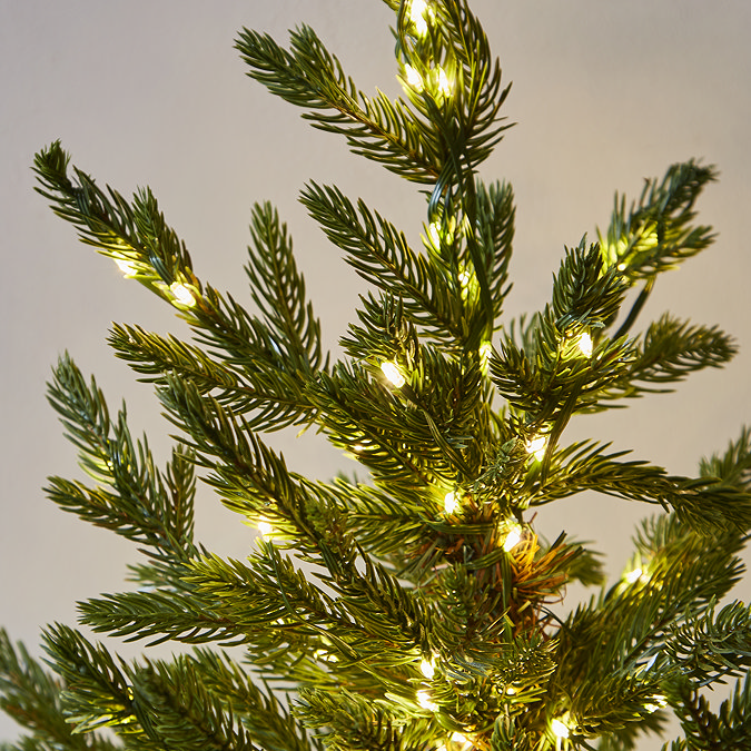 close up on green branches of forest fir tree in a pot, with glowing warm white LEDs