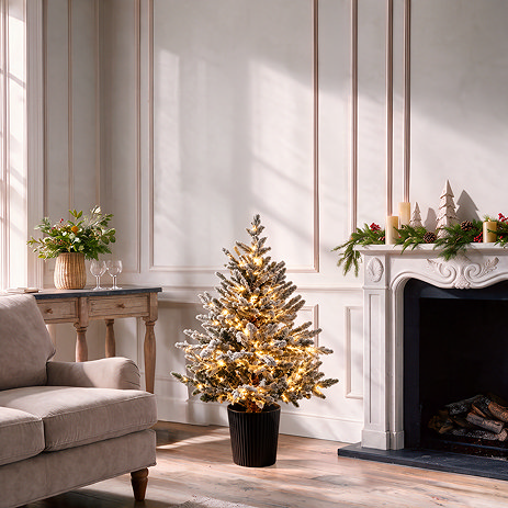 Pre-Lit Snowy - 3ft Christmas Tree in a Pot - Warm White