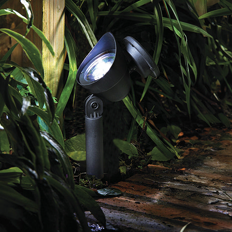 image of stake spotlight on the edge of garden pathway
