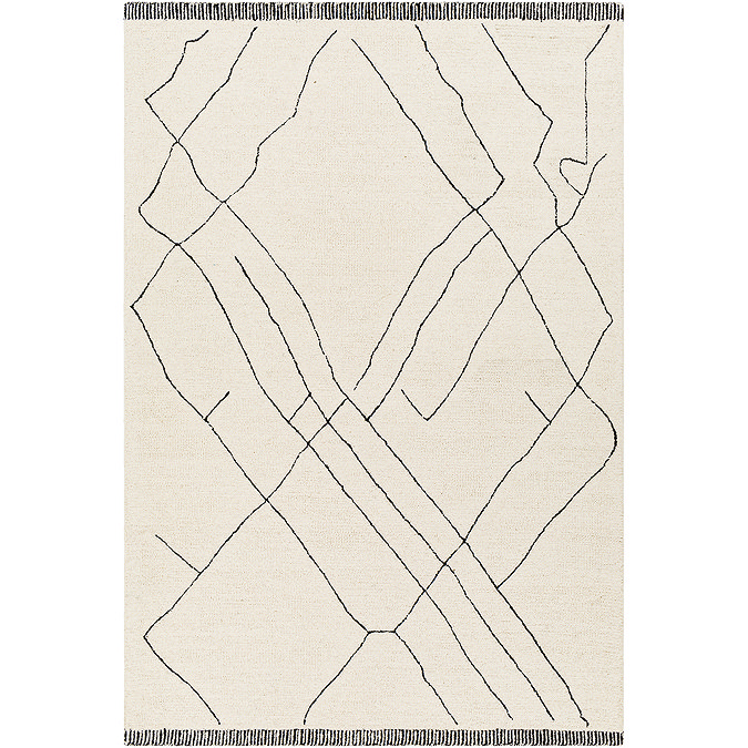 image cut out on white background of cream rug with black abstract lines