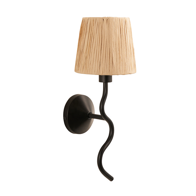 image cut out on white background of matt black wriggle wall light with raffia shade