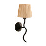 image cut out on white background of matt black wriggle wall light with raffia shade