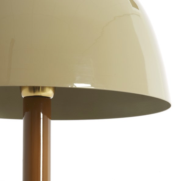 close up on beige iron shade of brown mid-century lamp with glossy sheen