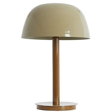 close up on beige iron shade of brown mid-century lamp with glossy sheen