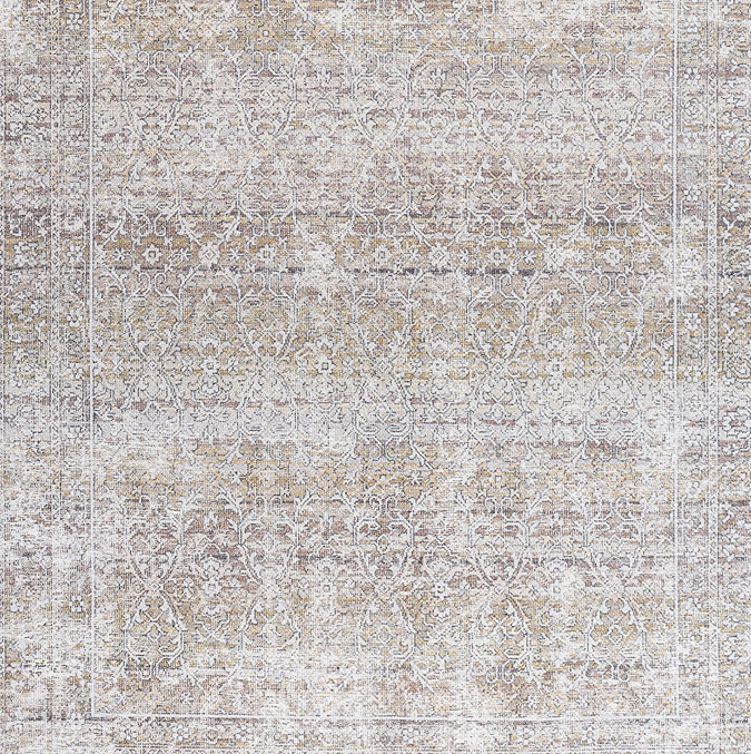 close up zoomed in image on brown and light green earthy rug vintage pattern rug