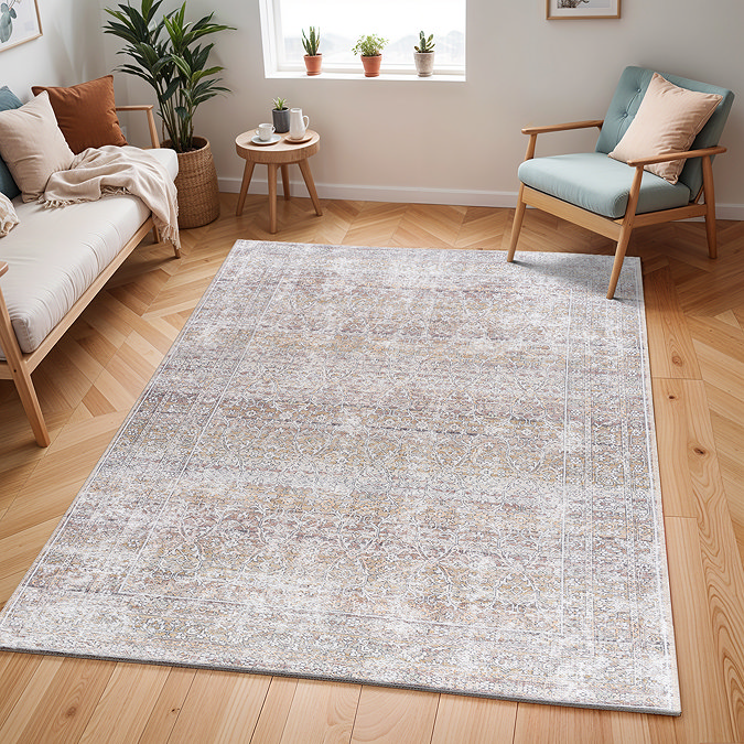 image of brown vintage inspired rug with floral detail in earthy colours