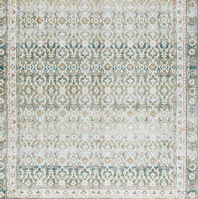 close up zoomed in image of boho pattern of green rug