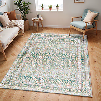 image of green rectangular rug on light wood floor of modern apartment