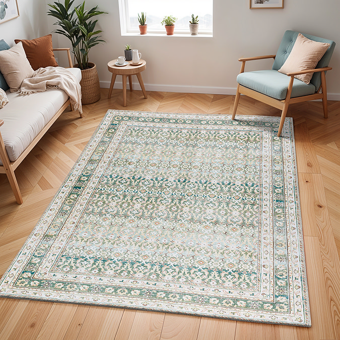 image of green rectangular rug on light wood floor of modern apartment