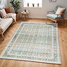 image of green rectangular rug on light wood floor of modern apartment