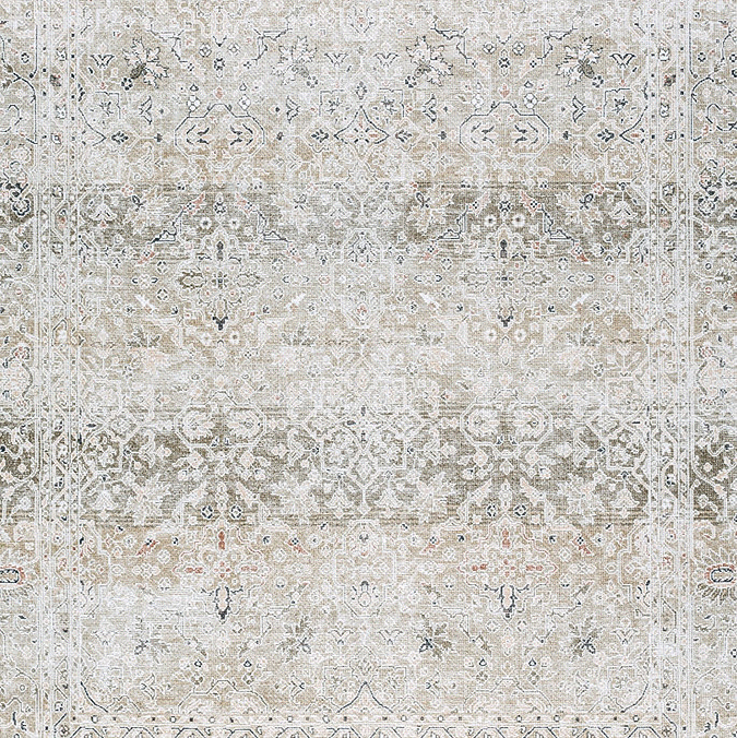 close up zoomed in image of earthy boho rug with vintage floral patterns