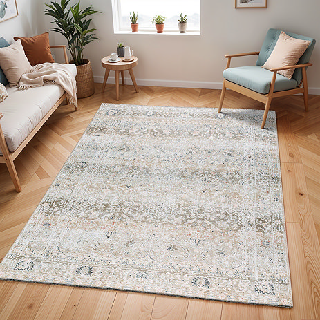 image of earthy coloured rug with vintage inspired designs, on light wood floor of modern apartment