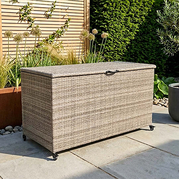 image of natural coloured rattan weave storage box with lid open