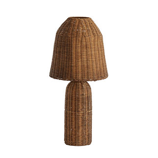 image cut out on white background of brown rattan lamp with elongated domed shade