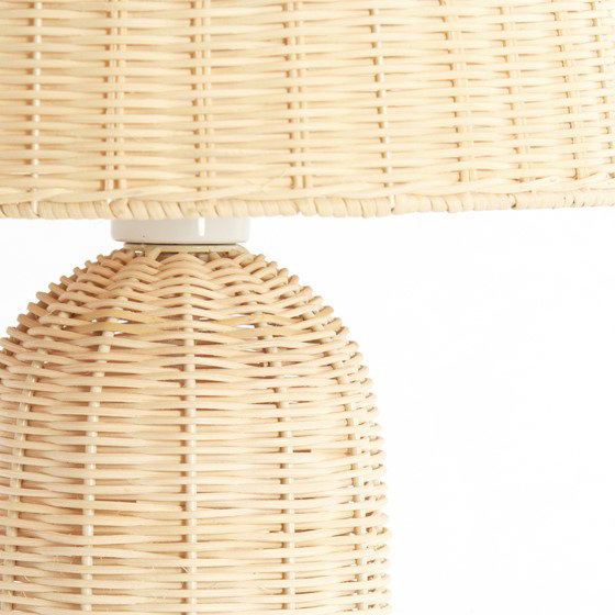 close up image on middle of natural coloured rattan lamp, highlighting colour and texture of item