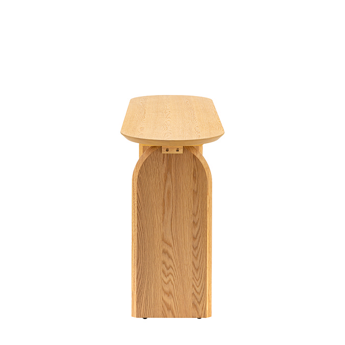 side on image of light oak console table with rounded edges