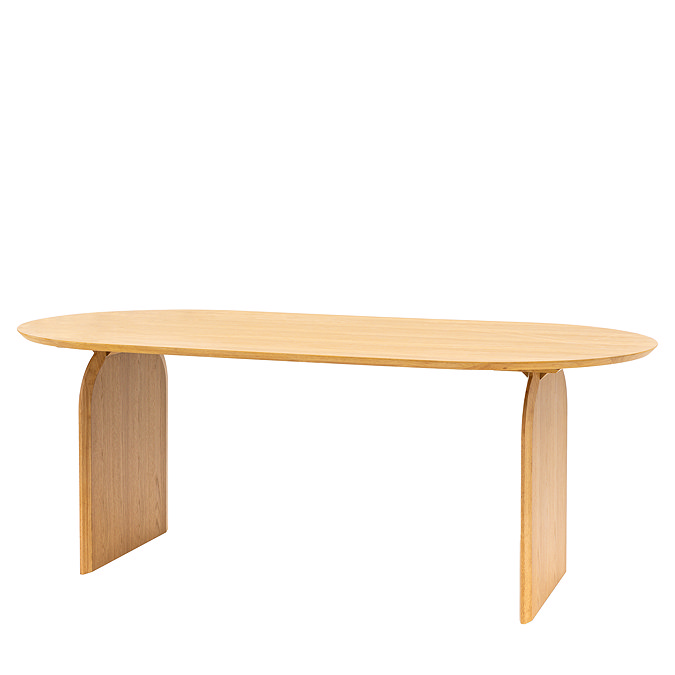 light oak veneer dining table with smooth round edges, image cut out on white background