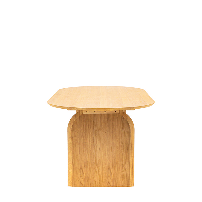 side-on image of light oak veneer dining table with rounded edges