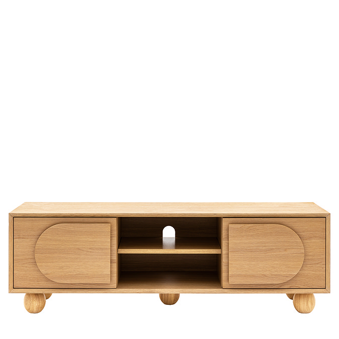 front on image of light oak media unit with two cupboards and central shelving, cut out on white background