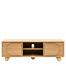 front on image of light oak media unit with two cupboards and central shelving, cut out on white background