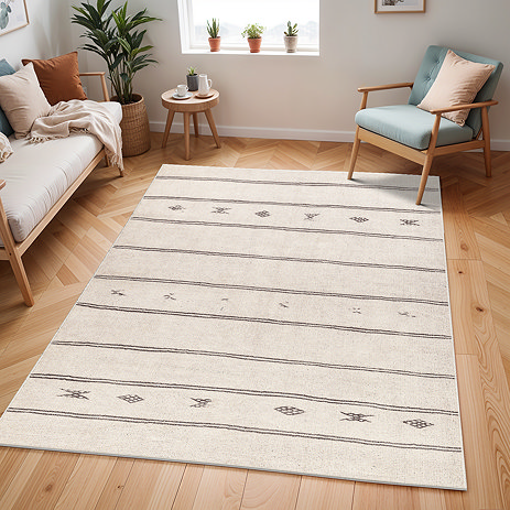 image of cream scandi boho rug with dark brown line patterns