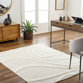 image of super soft abstract lined rug on wooden flooring of home office