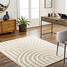 image of soft yellow rug with arch line pattern, on wooden flooring of modern home office