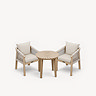 image cut out of woven rope dining chairs tucked under acacia wood bistro table
