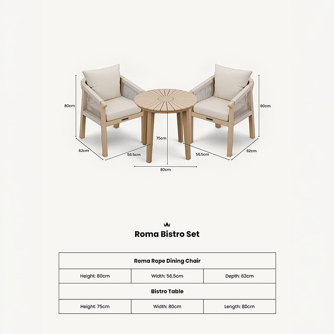 image cut out of acacia wood bistro set, with dimensions specification written at the bottom
