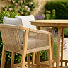 close up image of rope weave detail of acacia wood bar chair