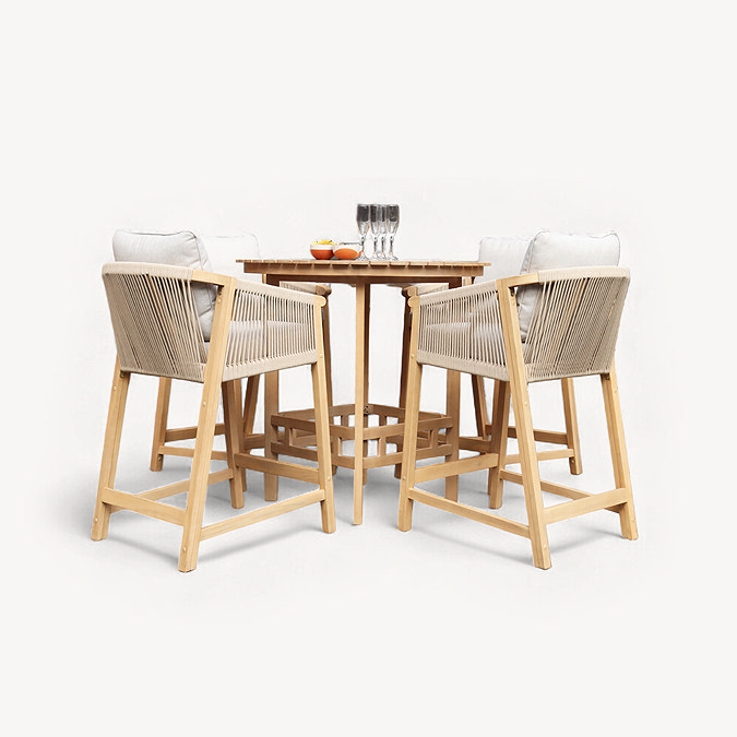 cut out of acacia wood bar set with round table and four tall chairs