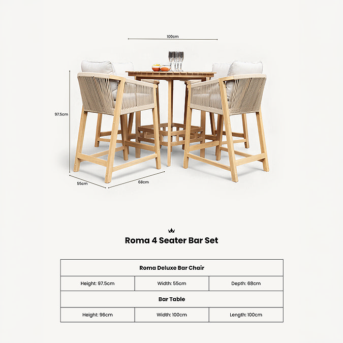 cut out of 4 seat bar set in acacia wood with dimensions specification at the bottom of image