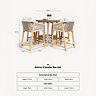cut out of 4 seat bar set in acacia wood with dimensions specification at the bottom of image
