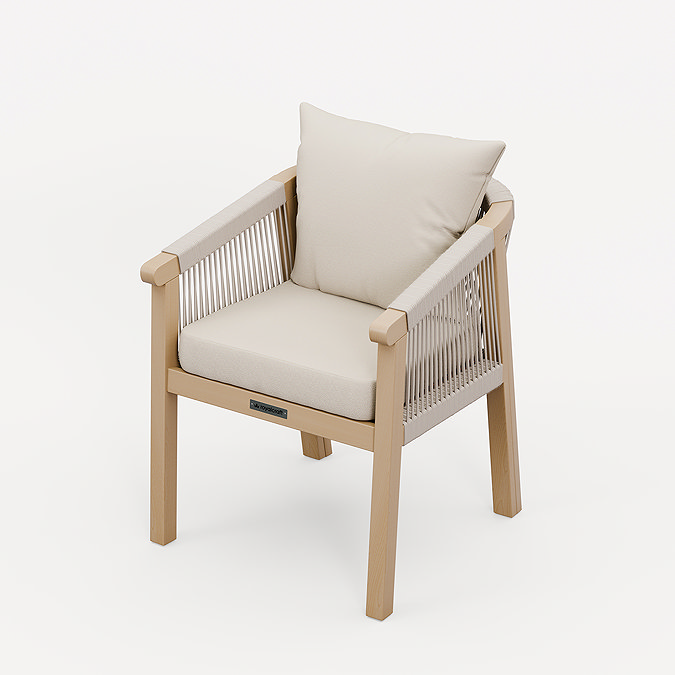 image cut out of acacia wood and woven rope garden dining chair