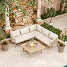 image taken from above of beige acacia wood corner lounge set with wooden coffee table on stone patio