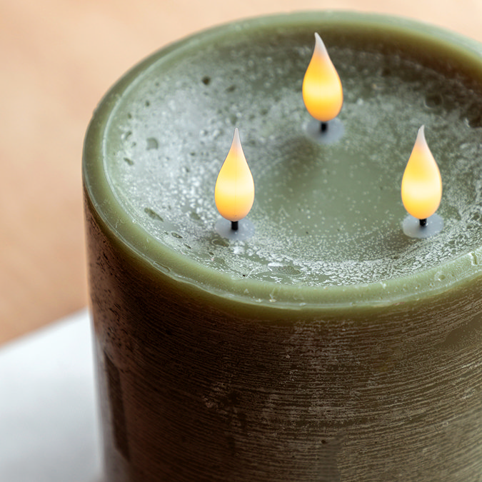 Rustic LED Candle with 3 wicks in olive