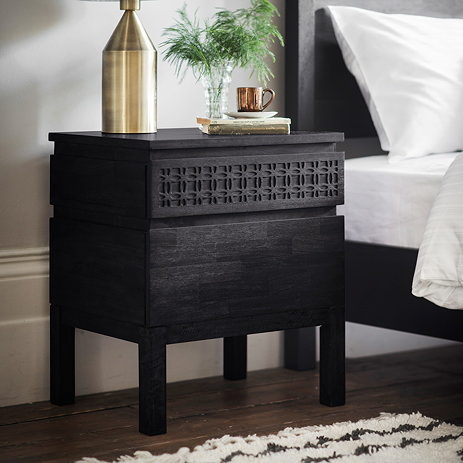 image of wide bohemian bedside table in black, with bohemian patterning inlaid on top drawer