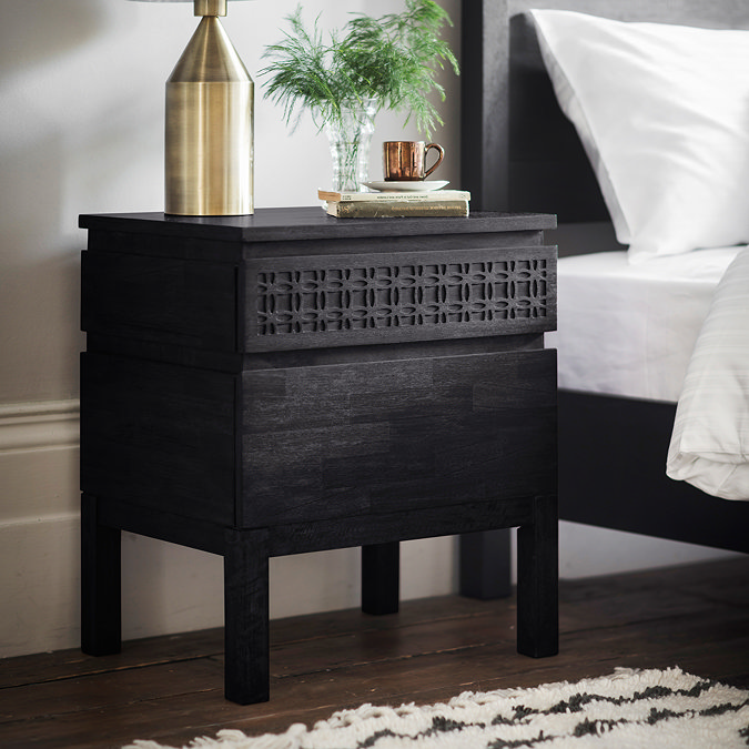 image of wide bohemian bedside table in black, with bohemian patterning inlaid on top drawer