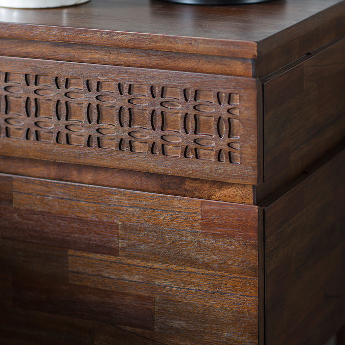 close up image of bohemian pattern of top drawer of bedside table