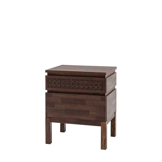 cut out image of warm brown bohemian bedside table with 2 drawers