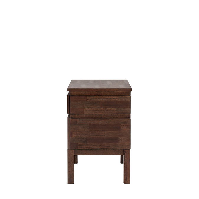 side on cut out of warm brown 2 drawer bedside table