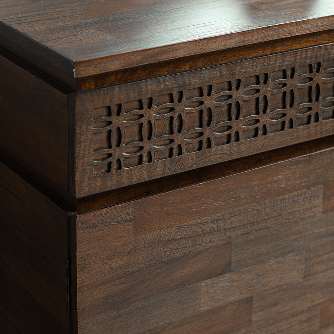 close up image on frieze pattern of sideboard drawers, in warm brown finish